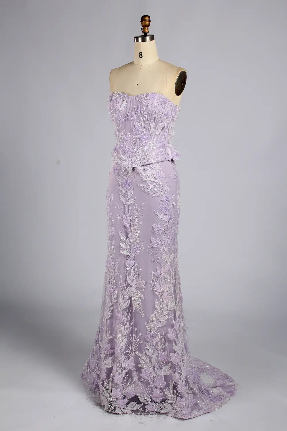Lilac Purple Strapless Floral Lace Mermaid Evening Dress with Peplum KY074