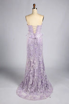 Lilac Purple Strapless Floral Lace Mermaid Evening Dress with Peplum KY074