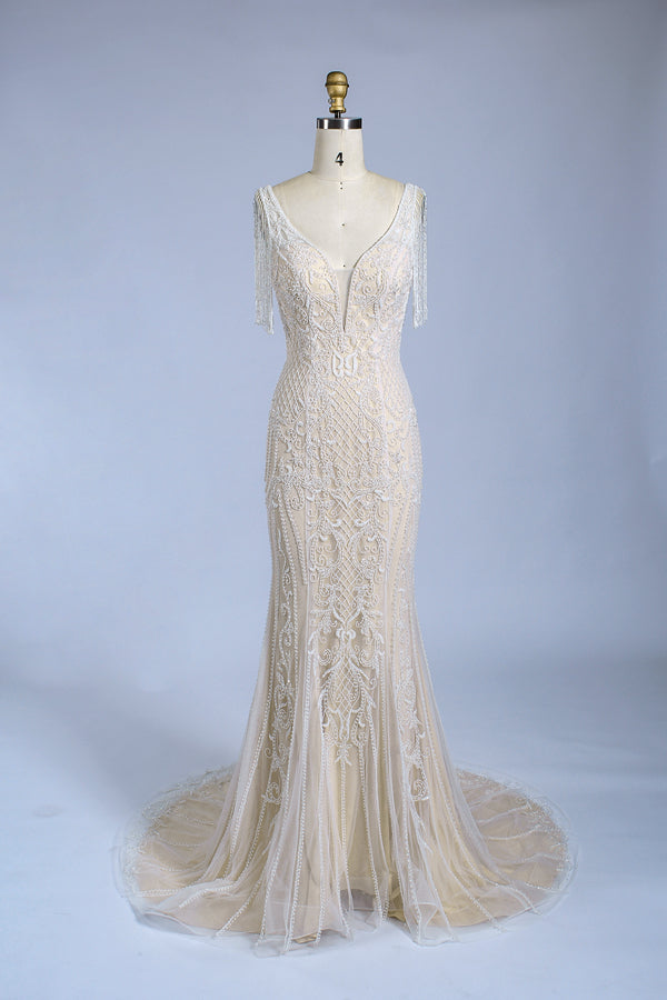 Bohemian Charm Wholesale Fringed Beaded Wedding Gown with Shoulder Straps 3292