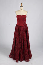 Wine Red Strapless Corset Beaded Lace A-Line Evening Dress KY077