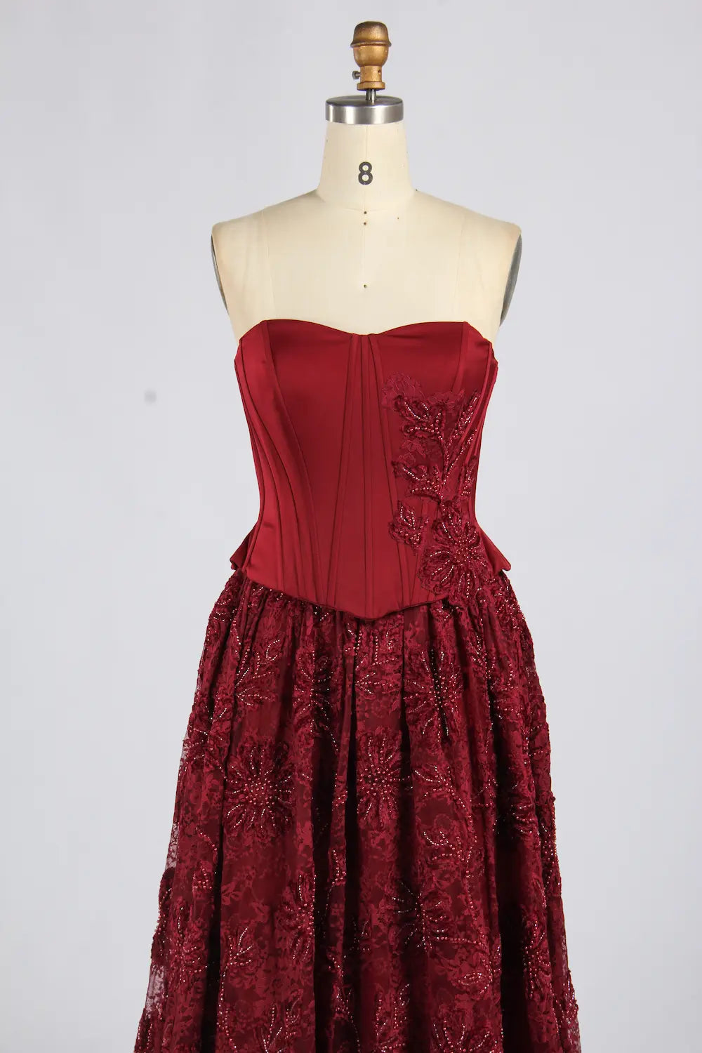 Wine Red Strapless Corset Beaded Lace A-Line Evening Dress KY077