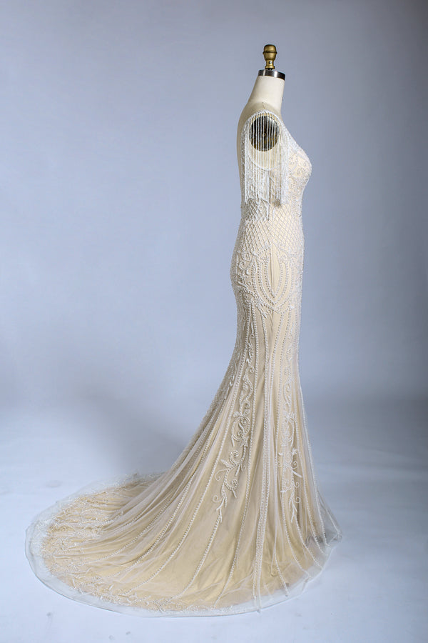 Bohemian Charm Wholesale Fringed Beaded Wedding Gown with Shoulder Straps 3292