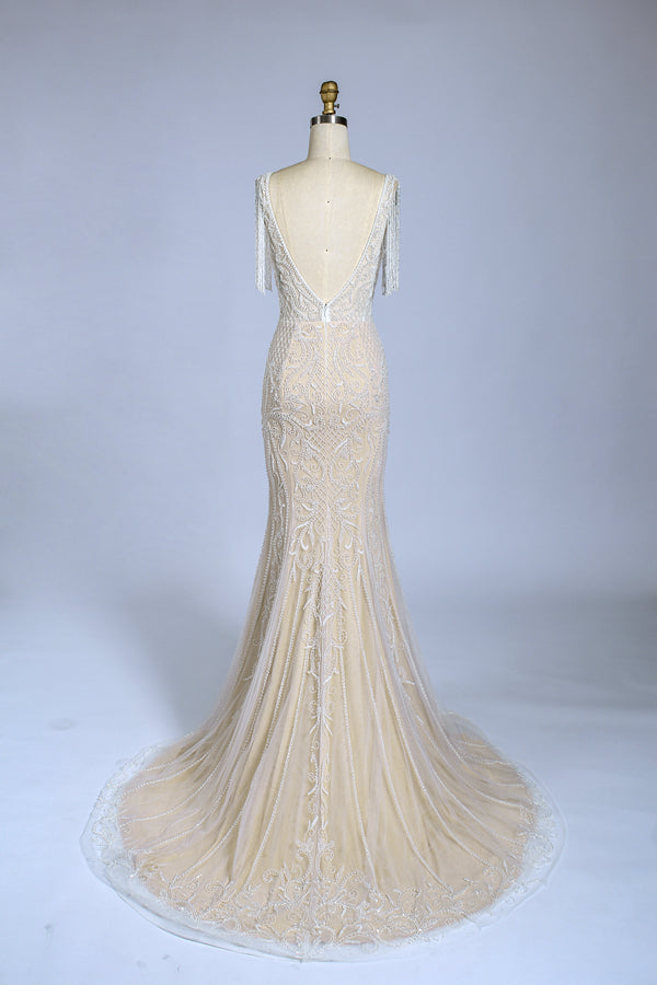 Bohemian Charm Wholesale Fringed Beaded Wedding Gown with Shoulder Straps 3292