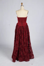 Wine Red Strapless Corset Beaded Lace A-Line Evening Dress KY077