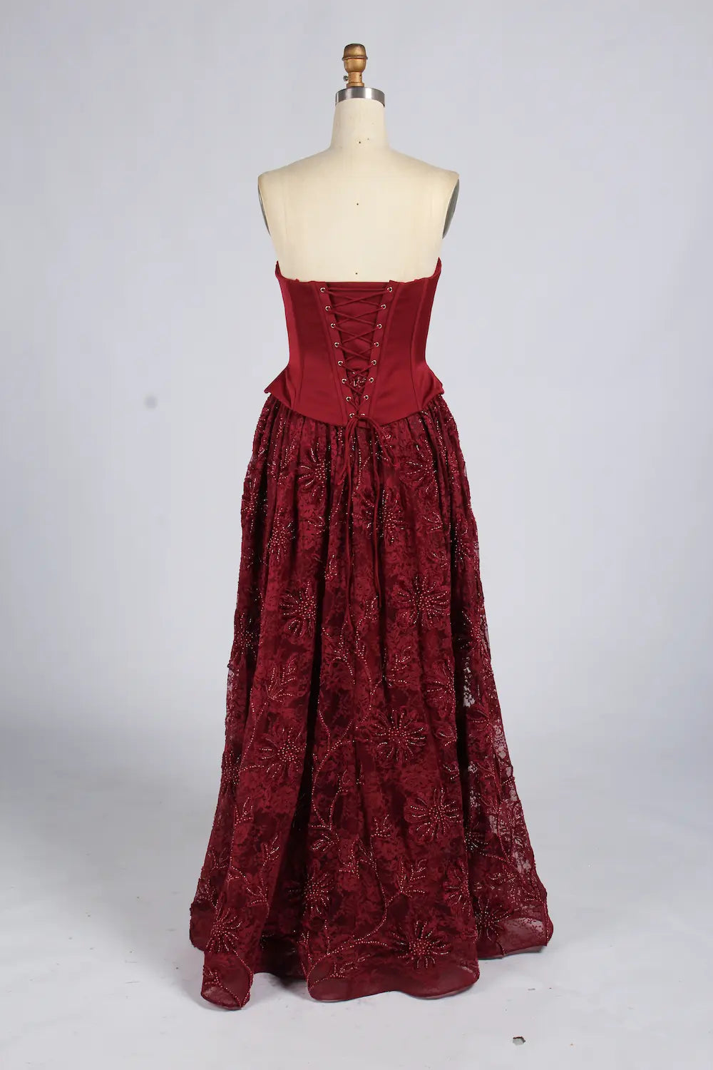 Wine Red Strapless Corset Beaded Lace A-Line Evening Dress KY077