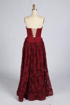 Wine Red Strapless Corset Beaded Lace A-Line Evening Dress KY077