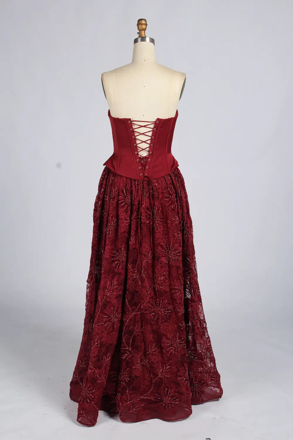 Wine Red Strapless Corset Beaded Lace A-Line Evening Dress KY077