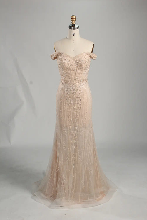 Champagne off-shoulder beaded mermaid gown with lace bodice and sheer tulle skirt