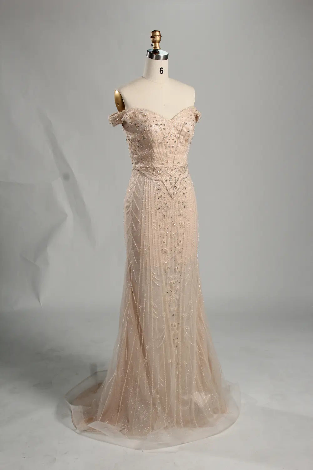 Champagne Off-the-Shoulder Beaded Mermaid Mother of the Bride Dress KS056