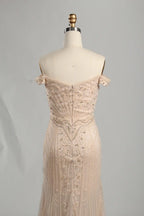 Champagne Off-the-Shoulder Beaded Mermaid Mother of the Bride Dress KS056