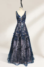 This is an evening gown displayed on a mannequin. It features a deep V - neckline and a sleeveless design. The dress is adorned with numerous blue three - dimensional floral embroideries and black patterns across the bodice and the floor - length skirt. The wide, trailing skirt creates an elegant and formal appearance, making it perfect for occasions such as dinners and balls.01