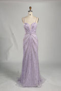 Purple Beaded Sequin Spaghetti Strap Mermaid Evening Gown KS057