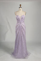 Purple Beaded Sequin Spaghetti Strap Mermaid Evening Gown KS057