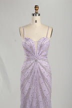 Purple Beaded Sequin Spaghetti Strap Mermaid Evening Gown KS057