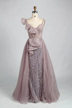 One Shoulder Gold Beaded Evening Dress with Ruffled Detailing MK140