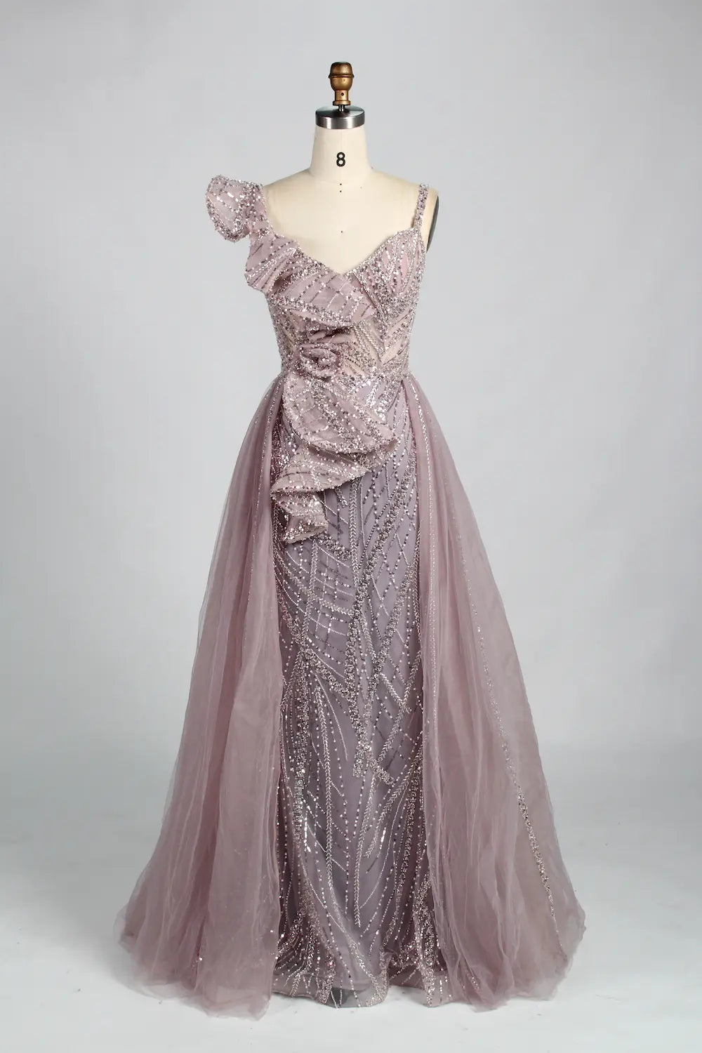 One Shoulder Gold Beaded Evening Dress with Ruffled Detailing MK140