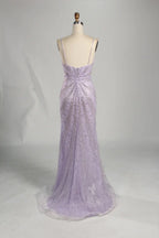 Purple Beaded Sequin Spaghetti Strap Mermaid Evening Gown KS057