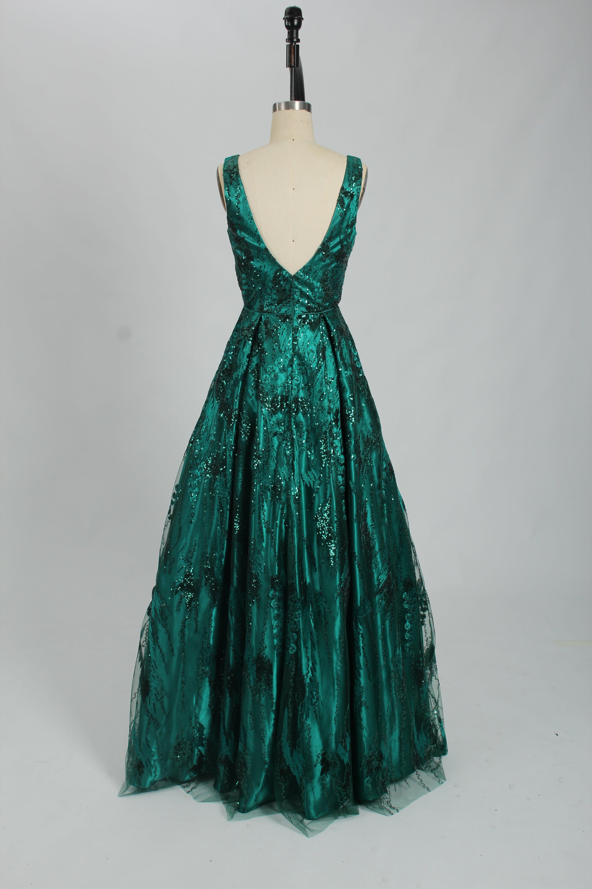 Wholesale Emerald Green Sequin Prom Dress - V - Neck Tulle Evening Gown 32748