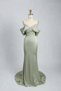 Off the Shoulder Satin Sage Green Fit and Flare Mother of the Bride Dress KS024