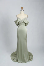 Off the Shoulder Satin Sage Green Fit and Flare Mother of the Bride Dress KS024