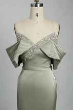 Off the Shoulder Satin Sage Green Fit and Flare Mother of the Bride Dress KS024