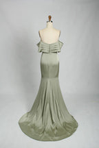 Off the Shoulder Satin Sage Green Fit and Flare Mother of the Bride Dress KS024