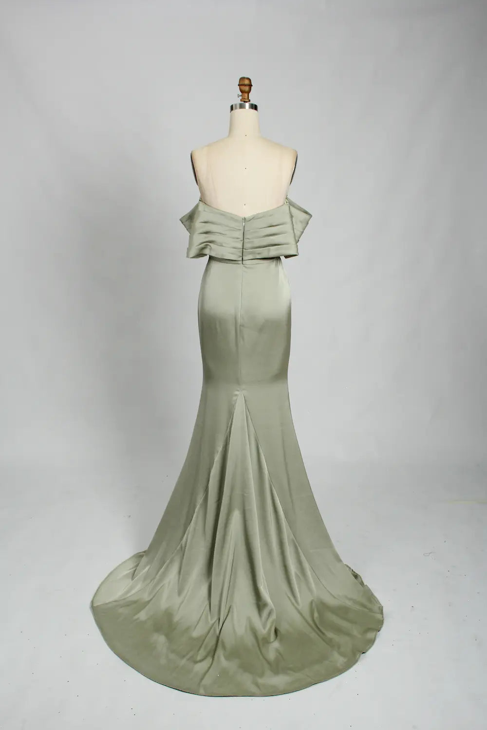 Off the Shoulder Satin Sage Green Fit and Flare Mother of the Bride Dress KS024
