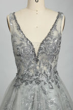 V-Neck Embroidered A-Line Evening Dress KS025