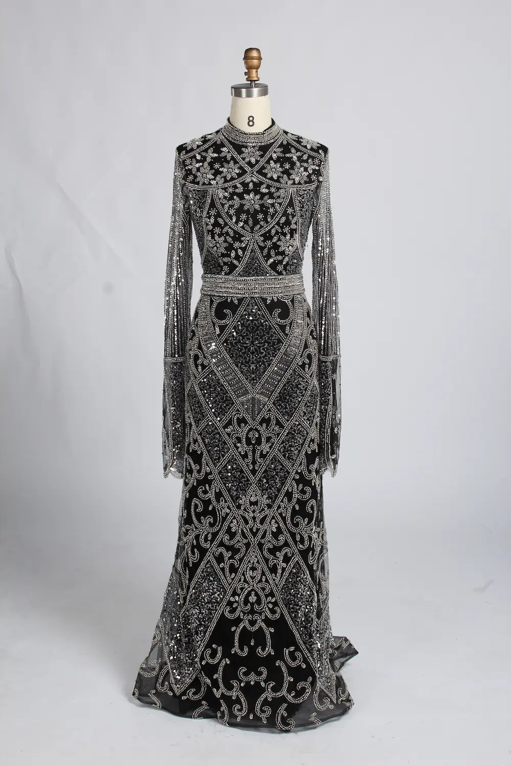 Black High Neck Beaded Long Sleeve Mother of the Bride Dress KY062