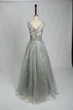 V-Neck Embroidered A-Line Evening Dress KS025