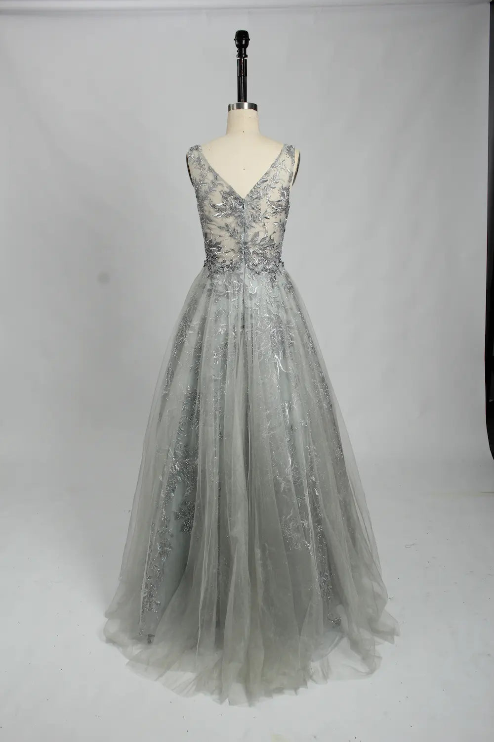 V-Neck Embroidered A-Line Evening Dress KS025