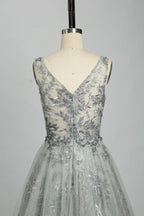 V-Neck Embroidered A-Line Evening Dress KS025