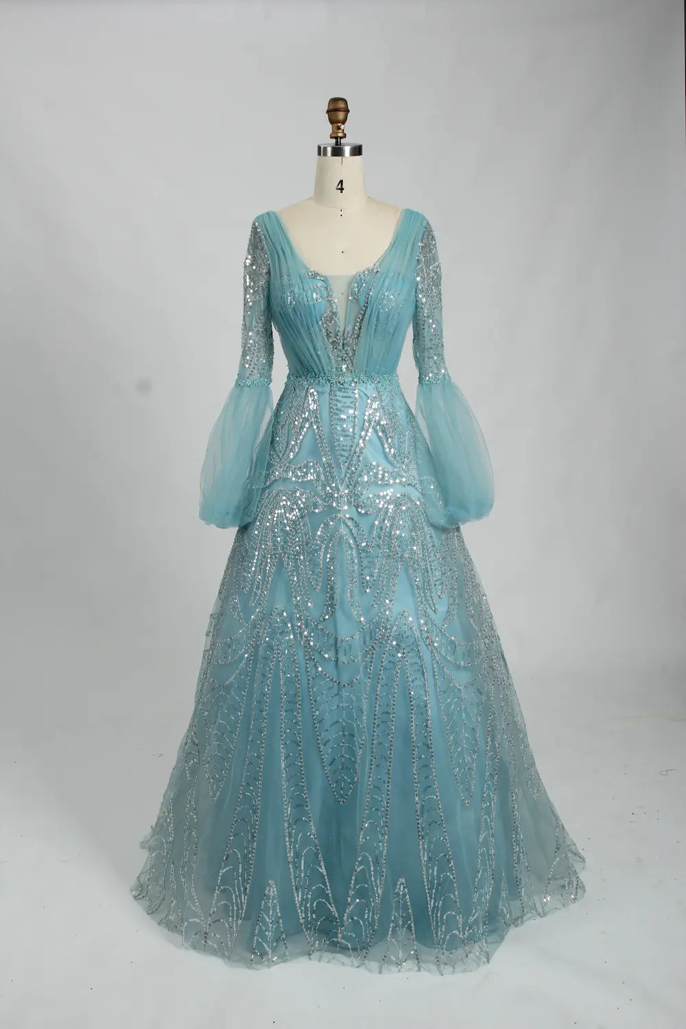 Sequin A-Line Mother of the Bride Dress with Long Bishop Sleeves KS027