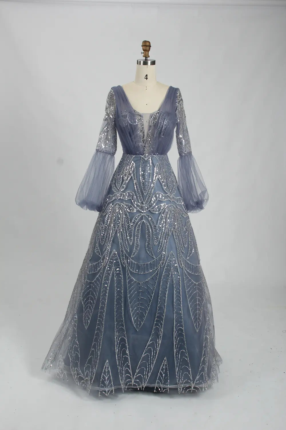 Sequin A-Line Mother of the Bride Dress with Long Bishop Sleeves KS027