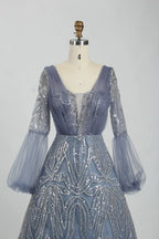 Sequin A-Line Mother of the Bride Dress with Long Bishop Sleeves KS027