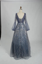 Sequin A-Line Mother of the Bride Dress with Long Bishop Sleeves KS027