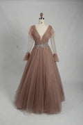 Dusty Rose Draped A-Line Mother of the Bride Dress with Long Sleeves KS010
