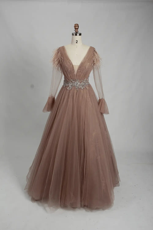 Dusty rose draped A-line mother of the bride dress, long sleeves, embellished waist