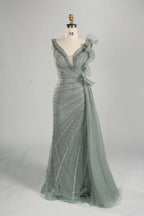 Dusty green beaded V-neck long dress with lace cascade shoulder detail