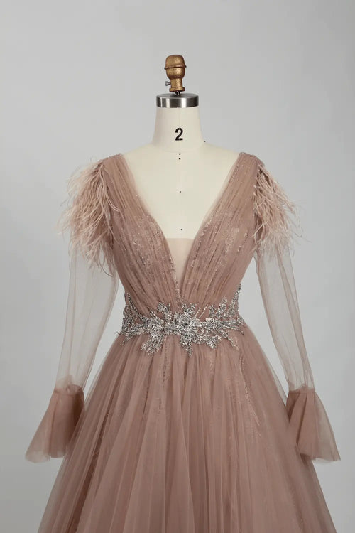 Dusty rose V-neck bodice dress with feathered shoulder detail and long sheer sleeves