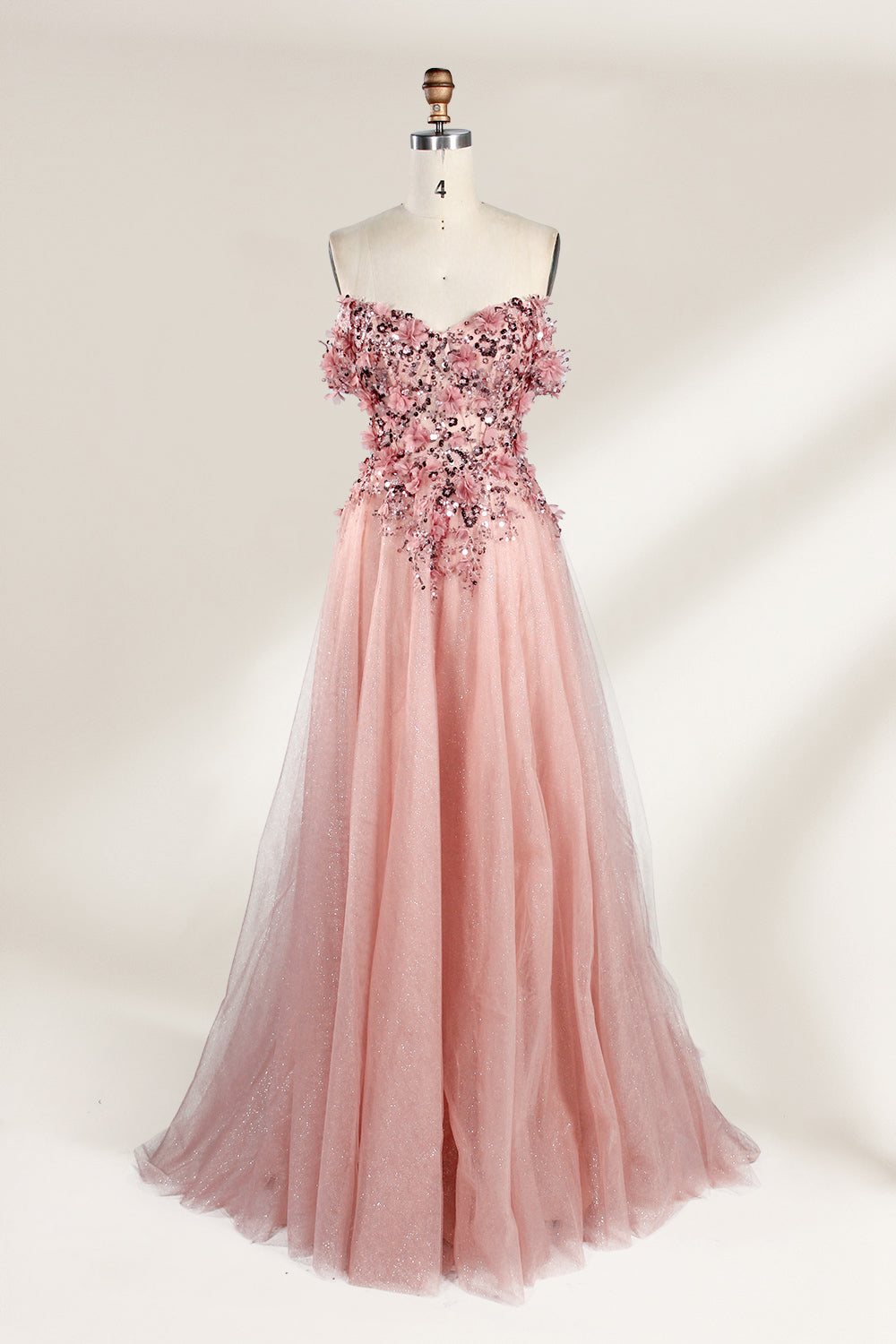 Gorgeous Pink Floral Off - Shoulder Tulle Prom Dress 33104