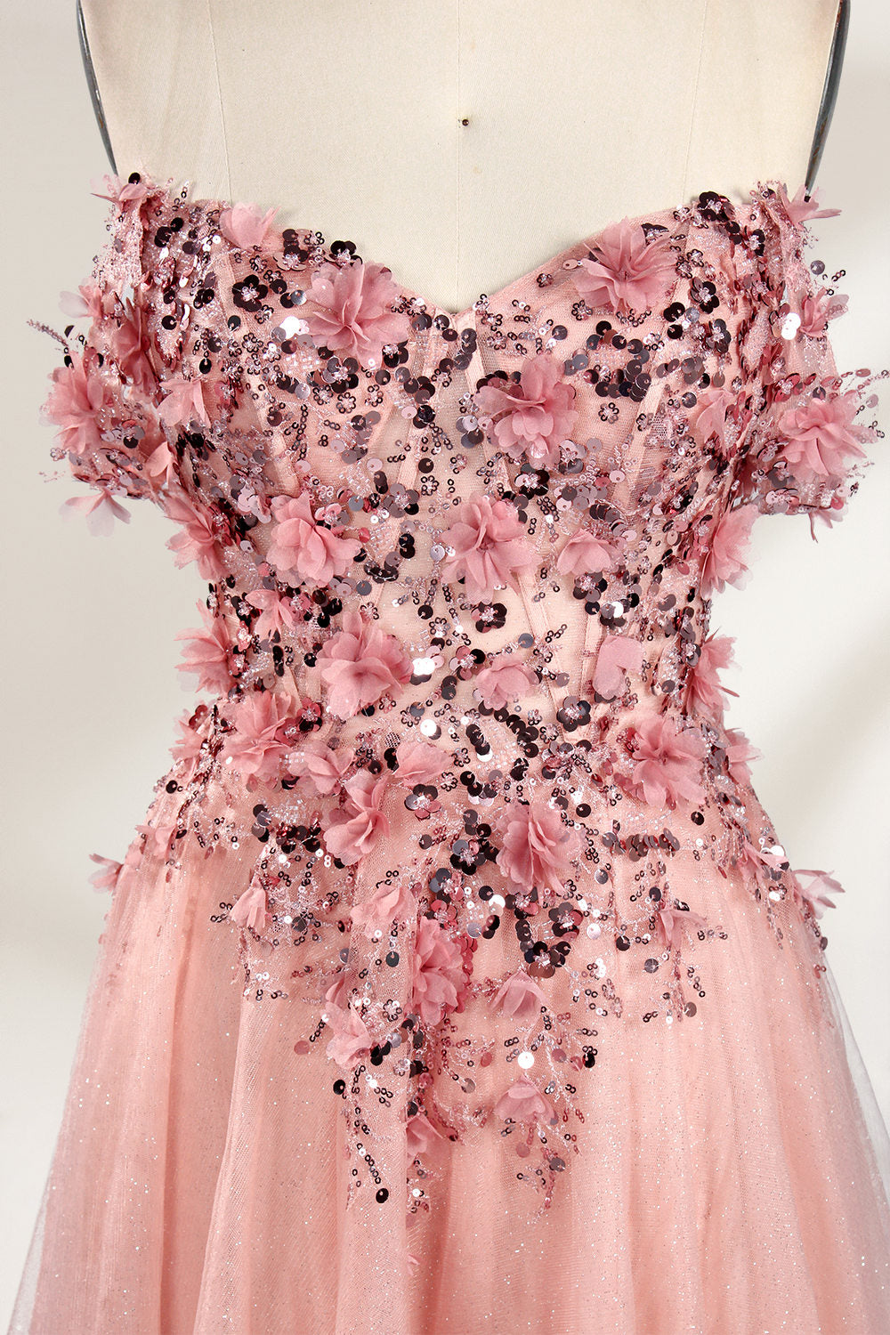Gorgeous Pink Floral Off - Shoulder Tulle Prom Dress 33104