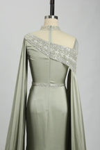 One Shoulder Sage Green Satin Mother of the Bride Dress KS029