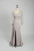 V-Neck Satin Mother of the Bride Dress with Sequin Long Sleeves KS031