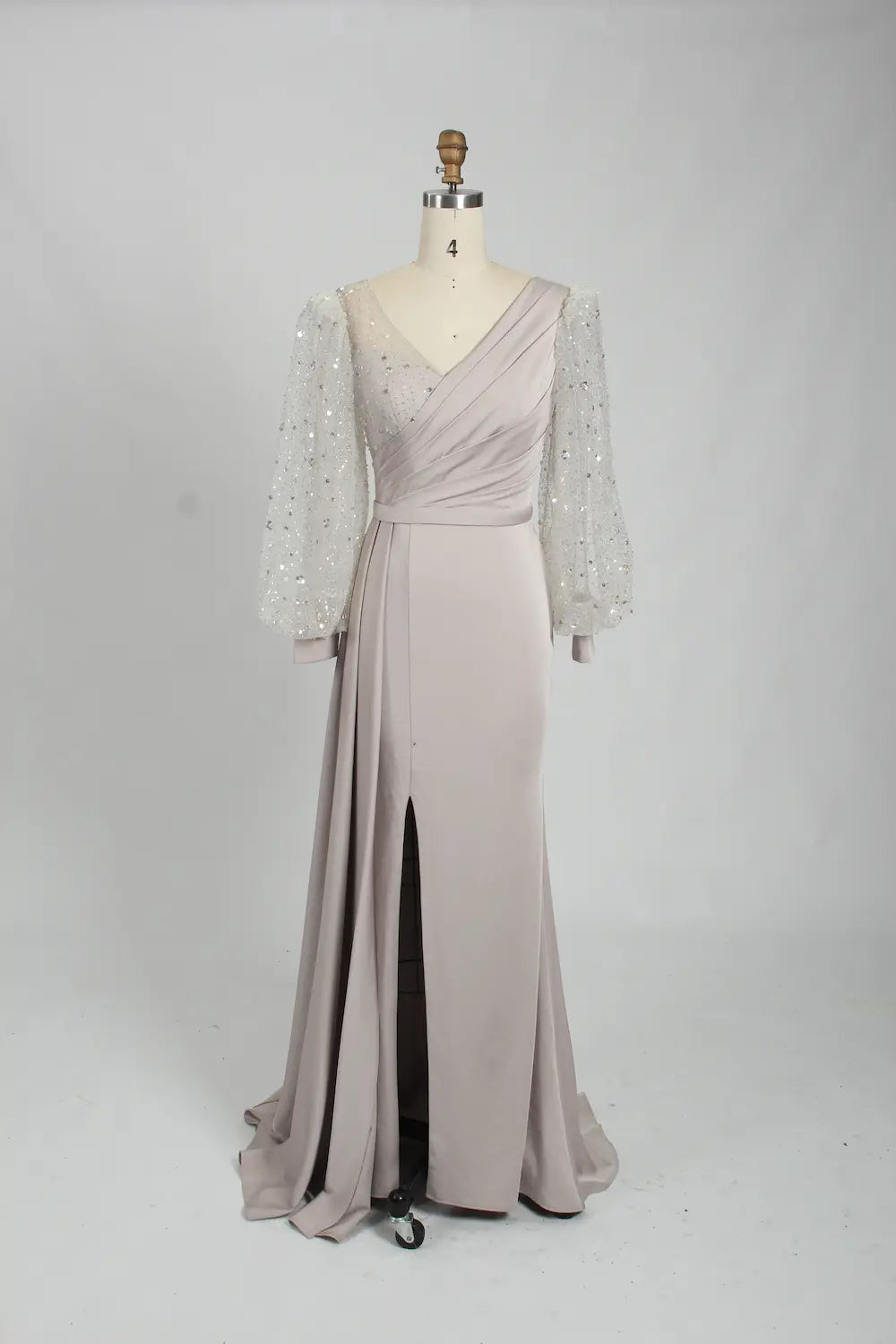 V-Neck Satin Mother of the Bride Dress with Sequin Long Sleeves KS031