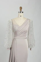 V-Neck Satin Mother of the Bride Dress with Sequin Long Sleeves KS031