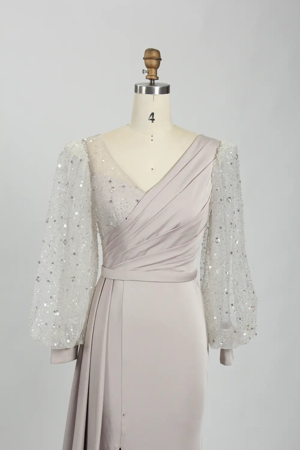 V-Neck Satin Mother of the Bride Dress with Sequin Long Sleeves KS031