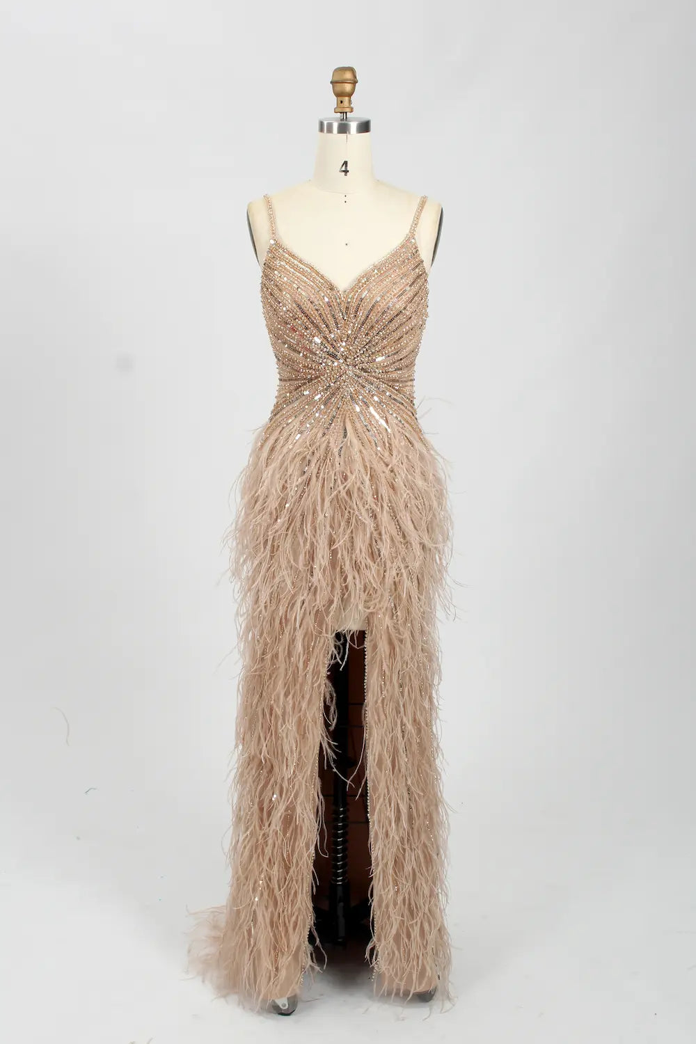Sparkly V-Neck Sequin Sheath Feather Trim Slit Evening Dress MC067