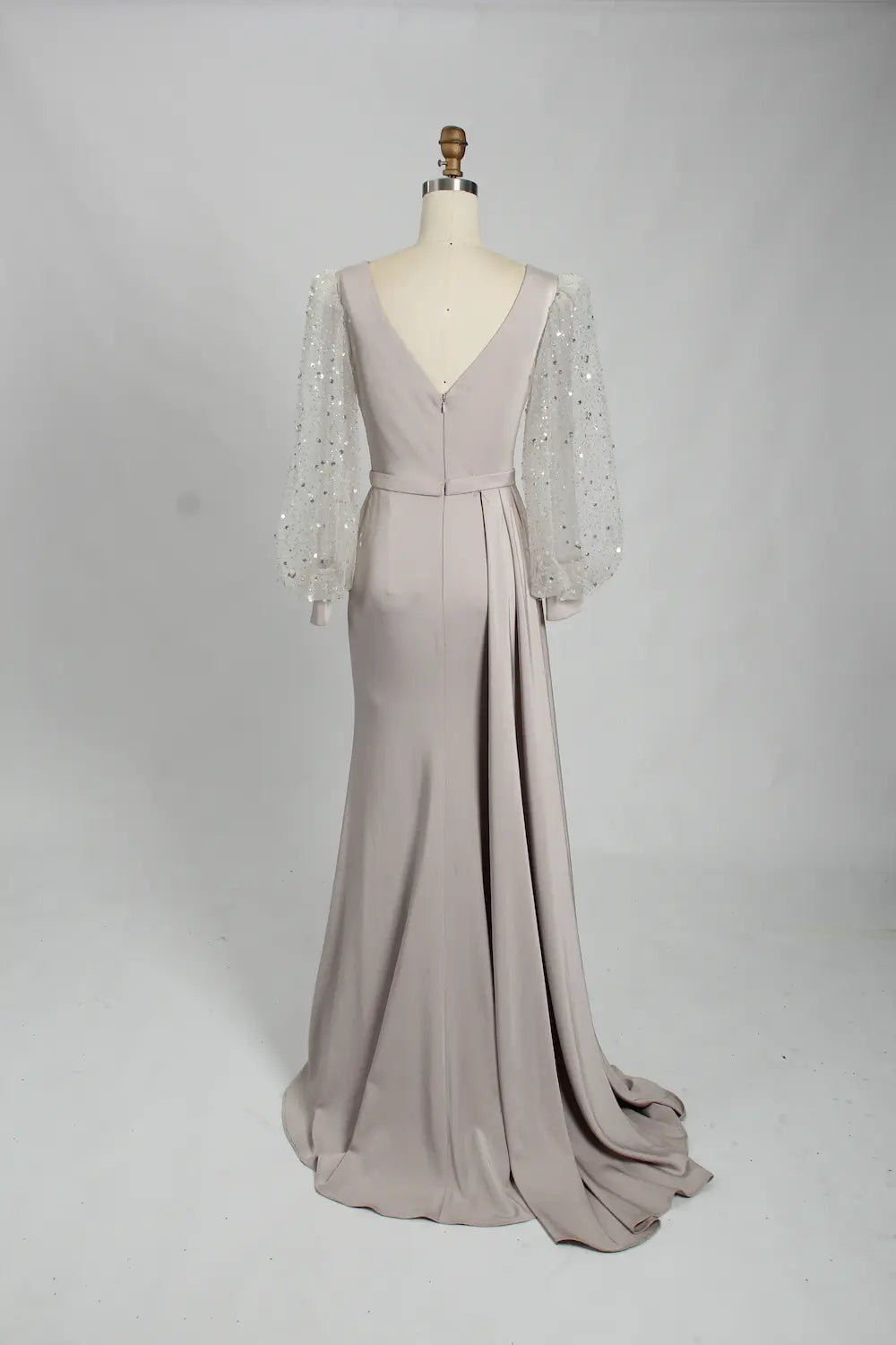 V-Neck Satin Mother of the Bride Dress with Sequin Long Sleeves KS031
