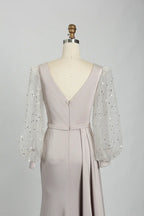 V-Neck Satin Mother of the Bride Dress with Sequin Long Sleeves KS031